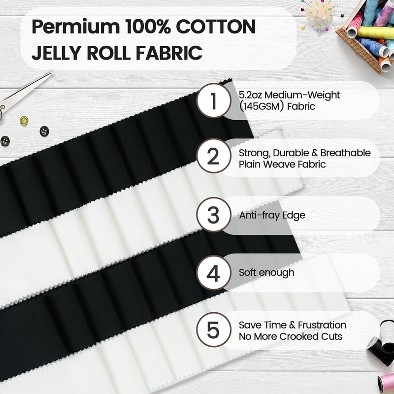 craftido -18 Options-100% Cotton Jelly Roll Fabric Precut Strips for Quilting, Crafting, and Sewing, 40 Strips 2.5" x 44" Assorted Bundles for Rugs, Quilts, DIY Crafts and Home Decor-20 White+20 Black - Image 5